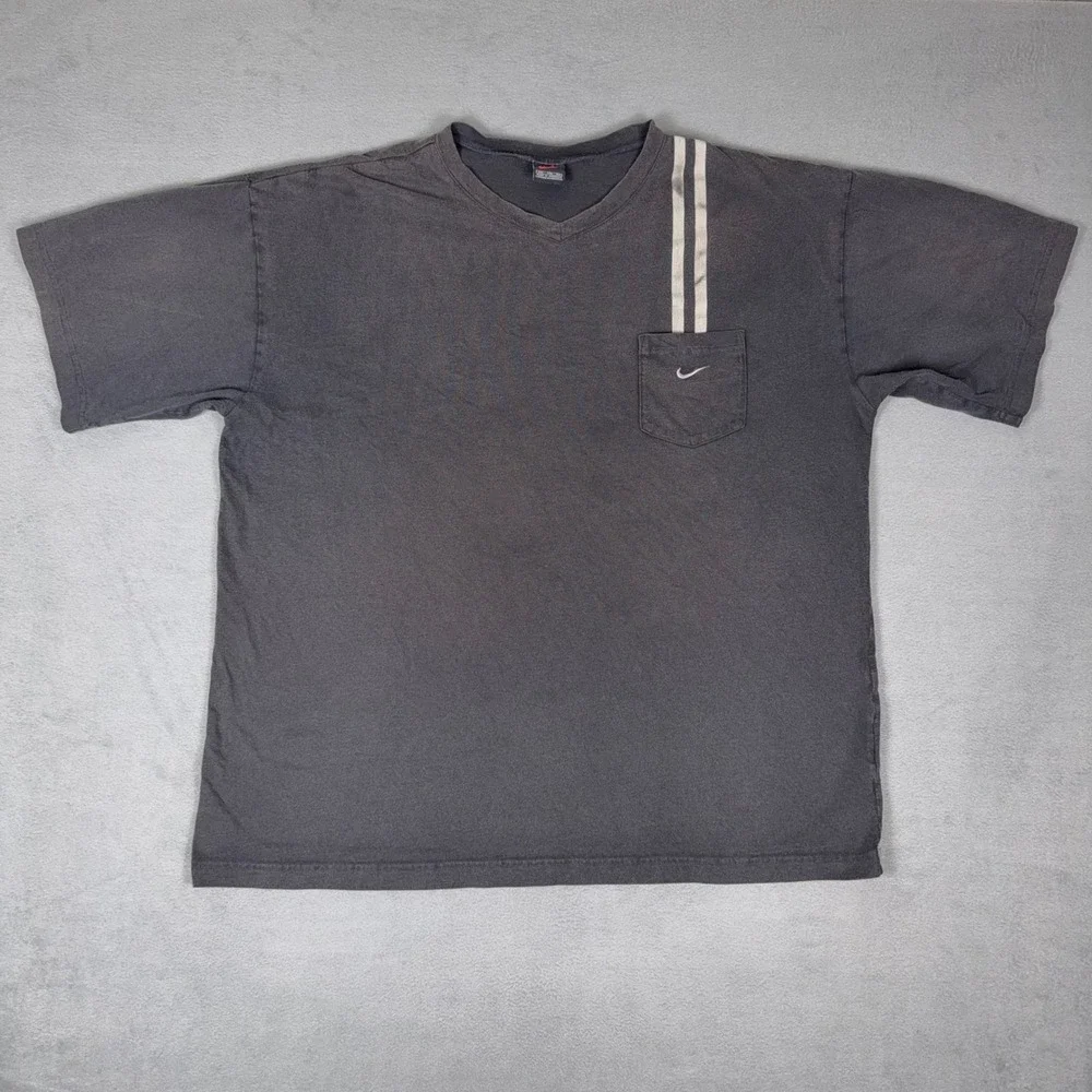 Vintage 90s Nike V Neck Pocket T Shirt XXL Faded Black‎ Swoosh Racing Stripe Tee
